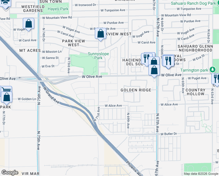 map of restaurants, bars, coffee shops, grocery stores, and more near 7012 West Townley Avenue in Peoria