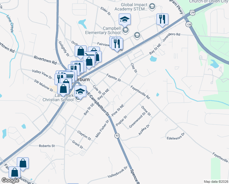 map of restaurants, bars, coffee shops, grocery stores, and more near Oak Street in Fairburn