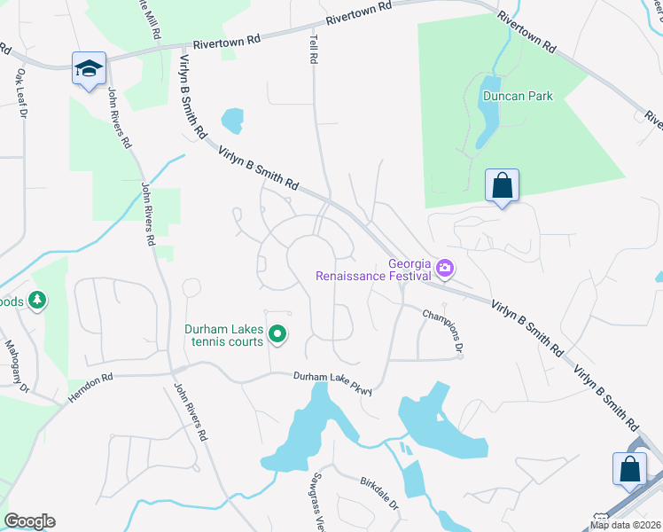 map of restaurants, bars, coffee shops, grocery stores, and more near 605 Buckingham Terrace in Fairburn