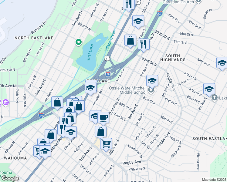 map of restaurants, bars, coffee shops, grocery stores, and more near 8025 1st Avenue North in Birmingham