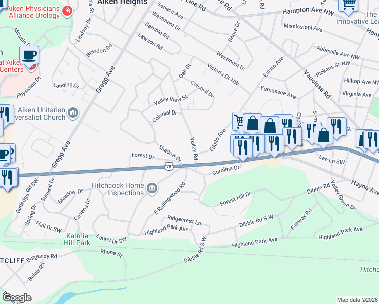 map of restaurants, bars, coffee shops, grocery stores, and more near 903 Valley Road in Aiken