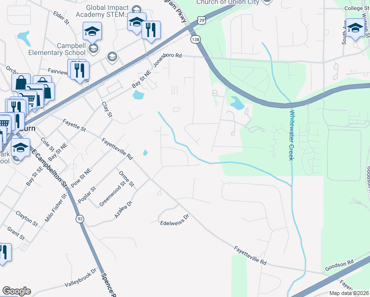 map of restaurants, bars, coffee shops, grocery stores, and more near 104 Shannon Chase Way in Fairburn