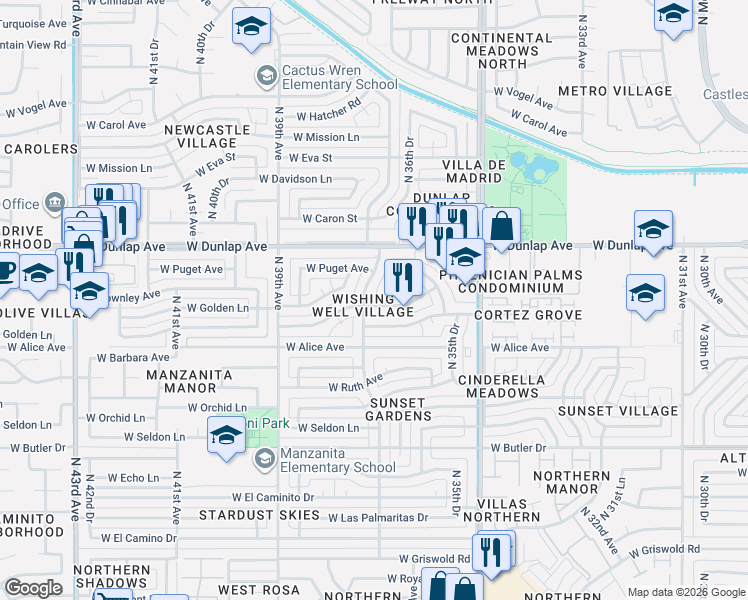 map of restaurants, bars, coffee shops, grocery stores, and more near 3638 West Townley Avenue in Phoenix