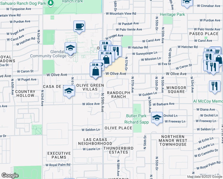 map of restaurants, bars, coffee shops, grocery stores, and more near 5809 West Townley Avenue in Glendale