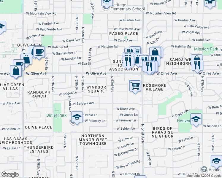 map of restaurants, bars, coffee shops, grocery stores, and more near 8816 North 53rd Avenue in Glendale