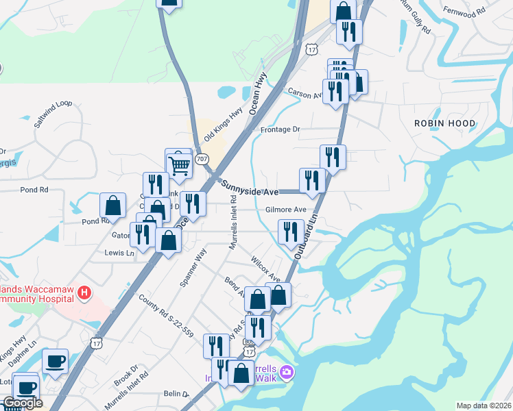 map of restaurants, bars, coffee shops, grocery stores, and more near 554 Gilmore Avenue in Murrells Inlet