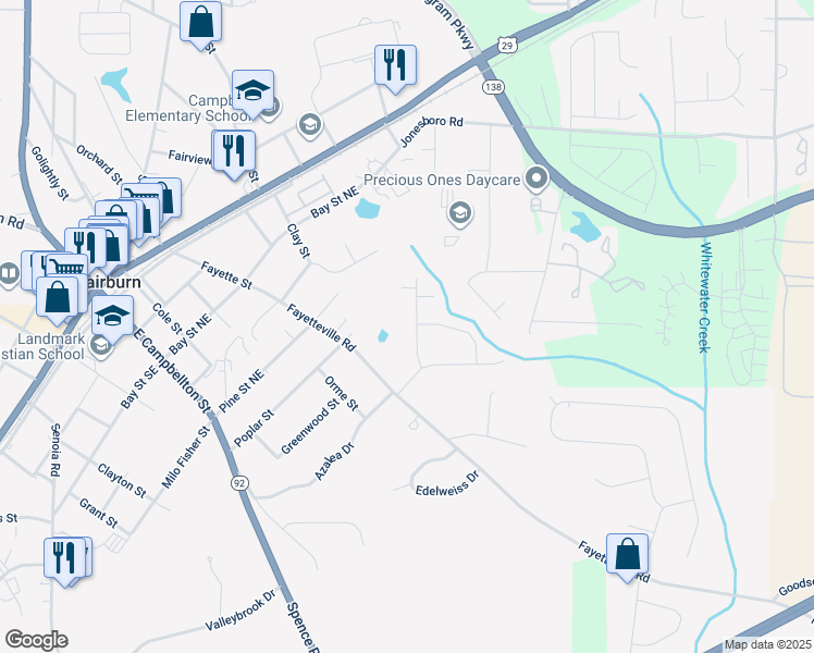 map of restaurants, bars, coffee shops, grocery stores, and more near 109 Shannon Chase Lane in Fairburn