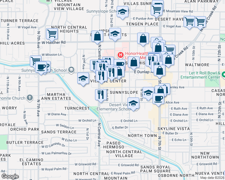 map of restaurants, bars, coffee shops, grocery stores, and more near 8837 North 1st Street in Phoenix