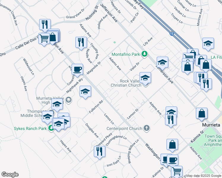 map of restaurants, bars, coffee shops, grocery stores, and more near 41973 Rondo Street in Murrieta