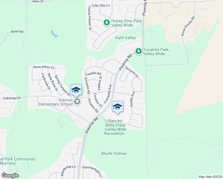 map of restaurants, bars, coffee shops, grocery stores, and more near 38208 Tranquila Avenue in Murrieta