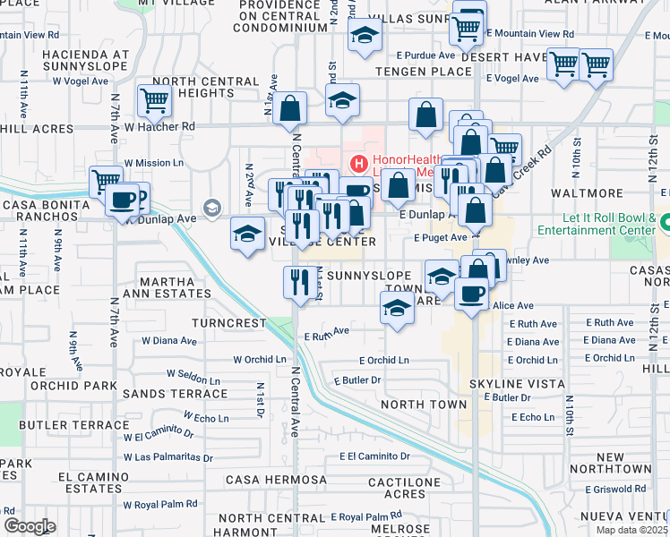map of restaurants, bars, coffee shops, grocery stores, and more near 8837 North 1st Street in Phoenix