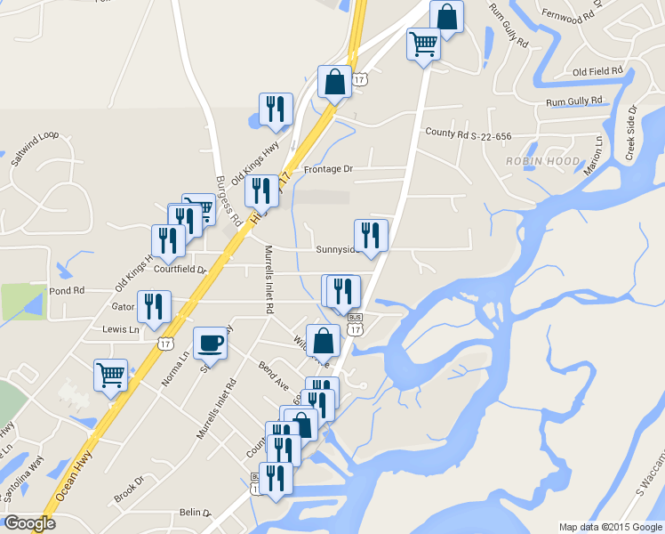 map of restaurants, bars, coffee shops, grocery stores, and more near 508 Gilmore Avenue in Murrells Inlet