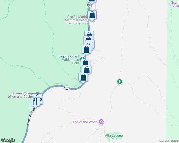 map of restaurants, bars, coffee shops, grocery stores, and more near 20980 Laguna Canyon Road in Laguna Beach