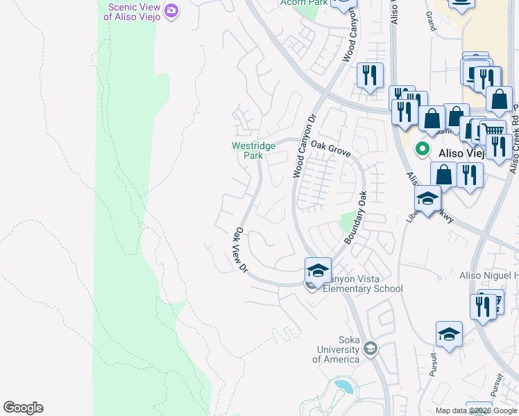map of restaurants, bars, coffee shops, grocery stores, and more near 26 Trail Canyon Drive in Aliso Viejo