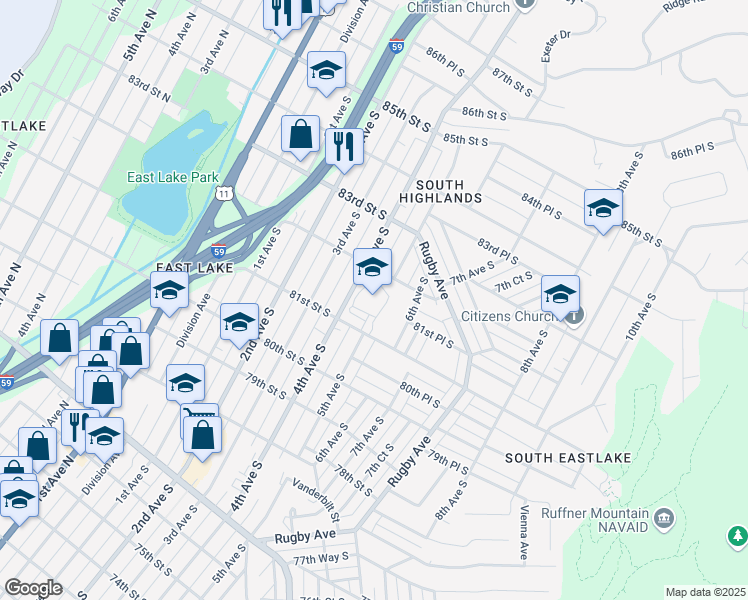 map of restaurants, bars, coffee shops, grocery stores, and more near 501 81st Street South in Birmingham