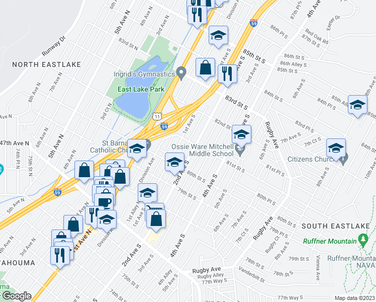 map of restaurants, bars, coffee shops, grocery stores, and more near 8036 2nd Avenue South in Birmingham