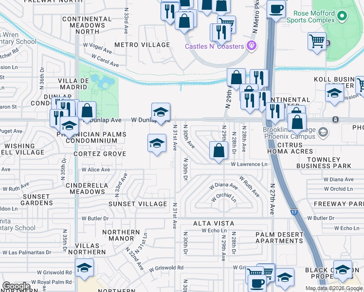 map of restaurants, bars, coffee shops, grocery stores, and more near 3048 West Lawrence Lane in Phoenix
