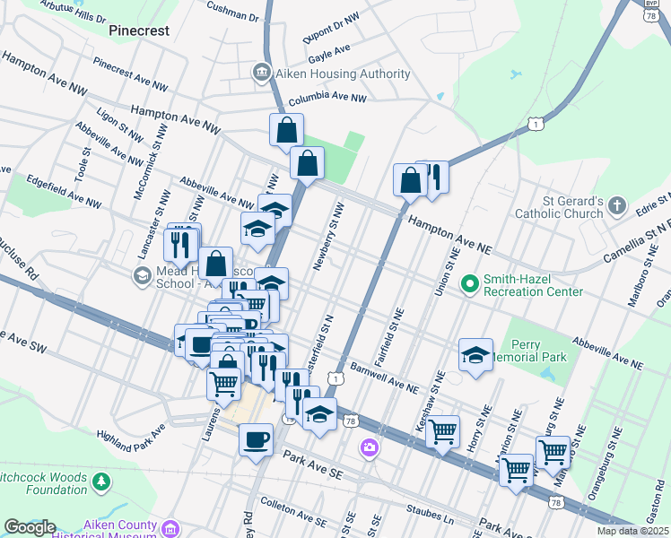 map of restaurants, bars, coffee shops, grocery stores, and more near 333 Chesterfield Street North in Aiken