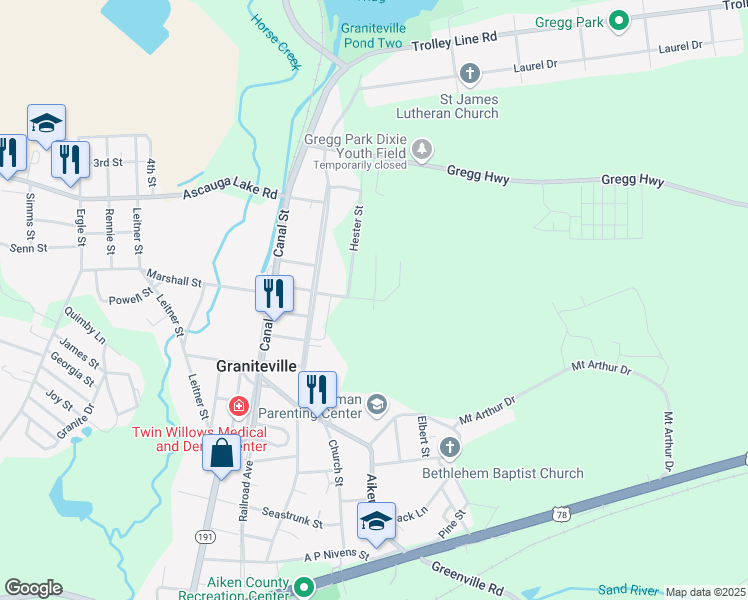 map of restaurants, bars, coffee shops, grocery stores, and more near 501 Kalmia Drive in Graniteville