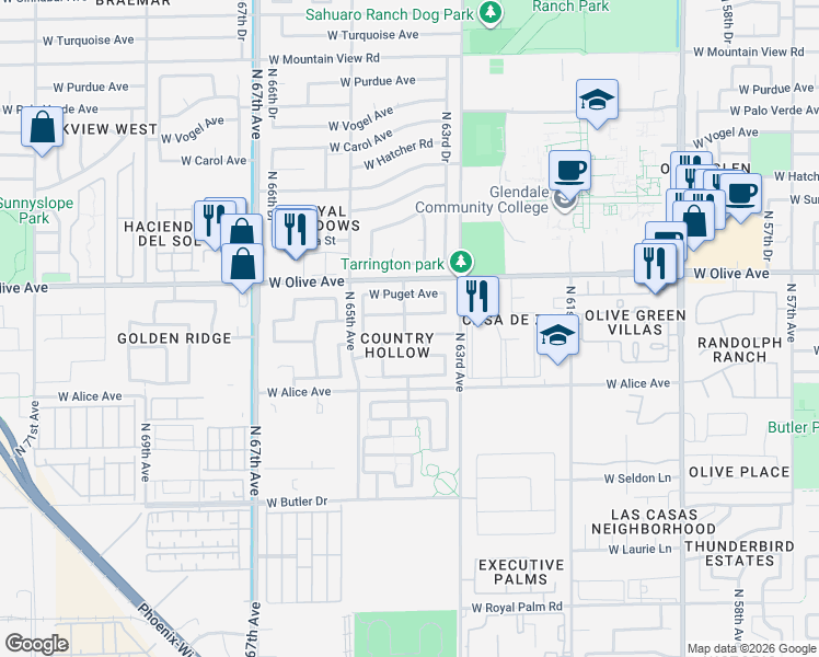 map of restaurants, bars, coffee shops, grocery stores, and more near 6376 West Golden Lane in Glendale