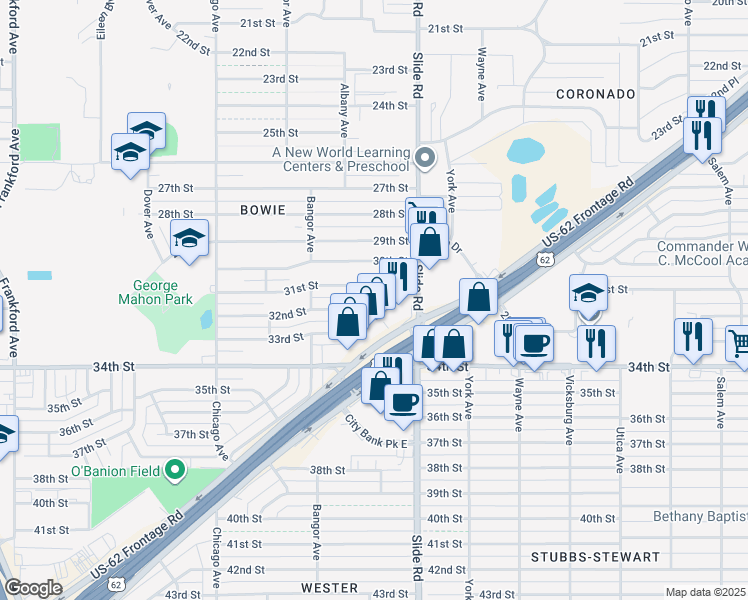 map of restaurants, bars, coffee shops, grocery stores, and more near 3112 Aberdeen Avenue in Lubbock