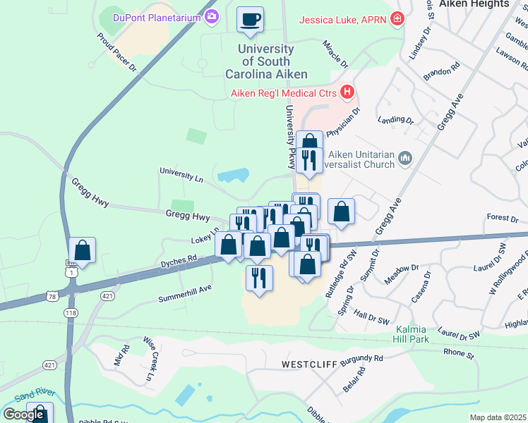 map of restaurants, bars, coffee shops, grocery stores, and more near 112 Campanile Court in Aiken