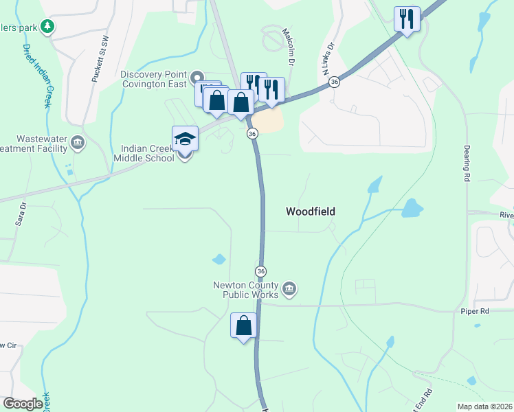 map of restaurants, bars, coffee shops, grocery stores, and more near 10440 Georgia 36 in Covington