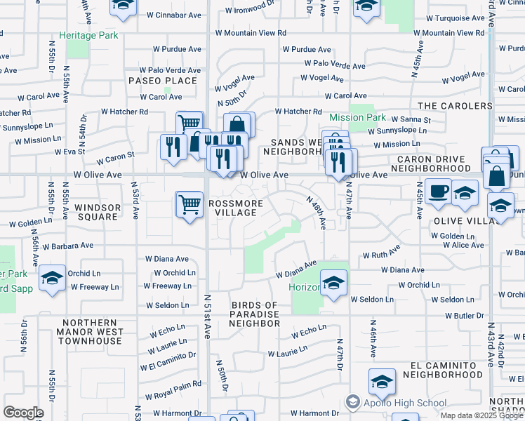 map of restaurants, bars, coffee shops, grocery stores, and more near 4914 West Townley Avenue in Glendale
