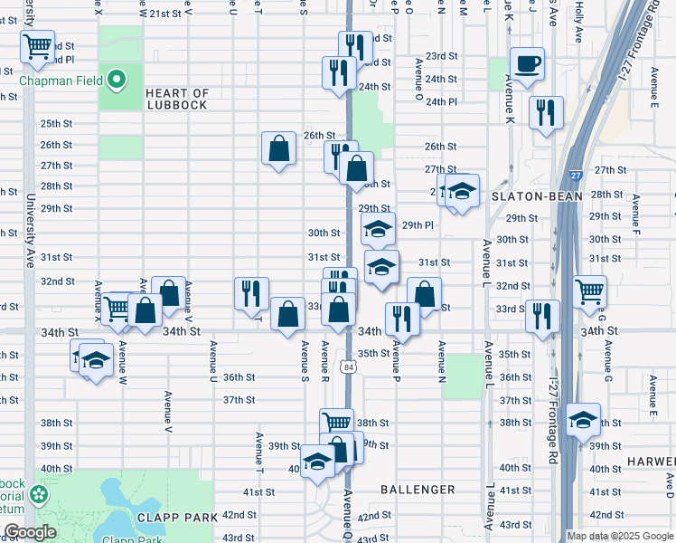 map of restaurants, bars, coffee shops, grocery stores, and more near 1706 32nd Street in Lubbock