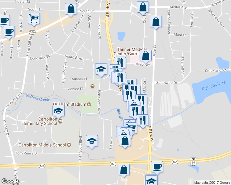 map of restaurants, bars, coffee shops, grocery stores, and more near 102 Wedgewood Drive in Carrollton