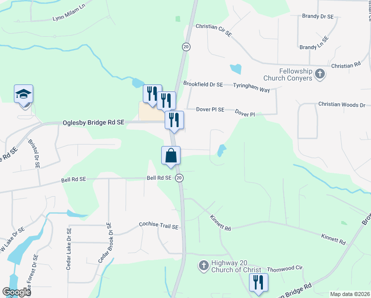 map of restaurants, bars, coffee shops, grocery stores, and more near Apple Orchard Dr SE in Conyers