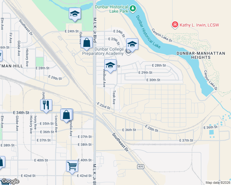 map of restaurants, bars, coffee shops, grocery stores, and more near 3117 Teak Avenue in Lubbock