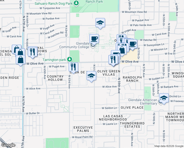 map of restaurants, bars, coffee shops, grocery stores, and more near 6118 West Townley Avenue in Glendale