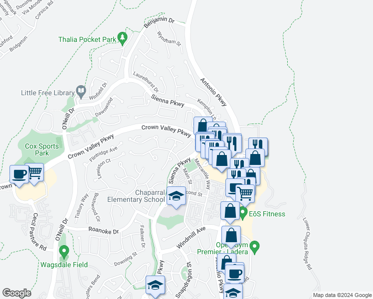 map of restaurants, bars, coffee shops, grocery stores, and more near 50 Main Street in Mission Viejo