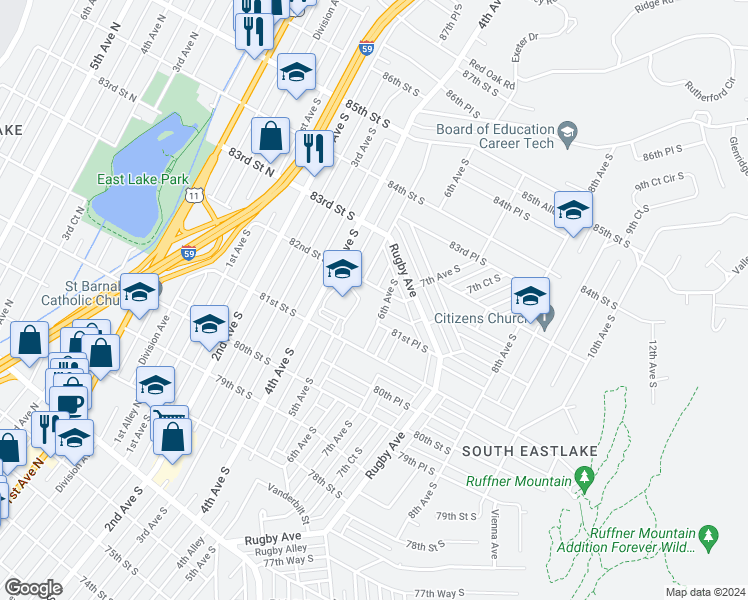 map of restaurants, bars, coffee shops, grocery stores, and more near 8132 6th Avenue South in Birmingham