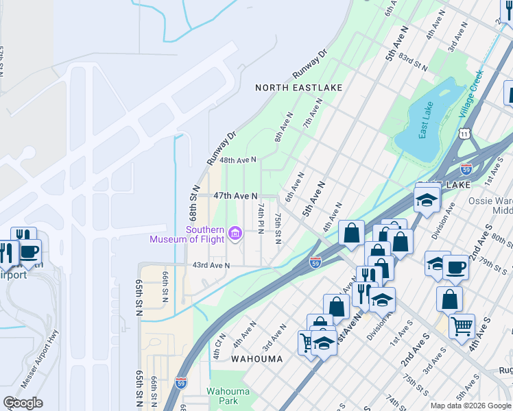 map of restaurants, bars, coffee shops, grocery stores, and more near 4529 74th Place North in Birmingham