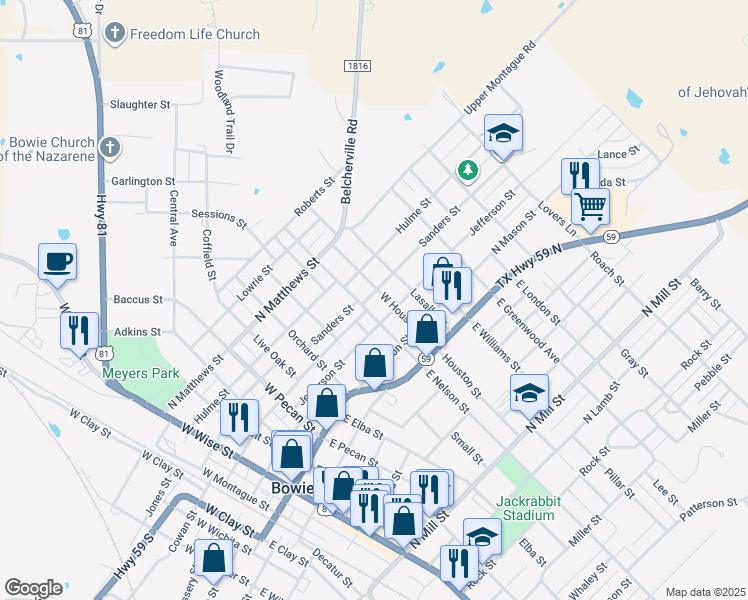 map of restaurants, bars, coffee shops, grocery stores, and more near 905 North Sanders Street in Bowie
