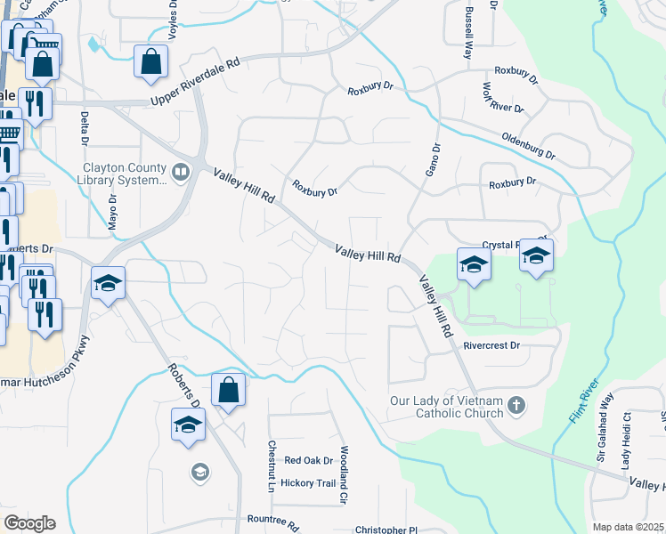 map of restaurants, bars, coffee shops, grocery stores, and more near 6952 Apache Lane in Riverdale