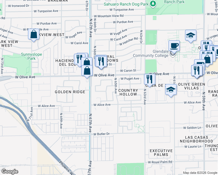 map of restaurants, bars, coffee shops, grocery stores, and more near 6559 West Townley Avenue in Glendale