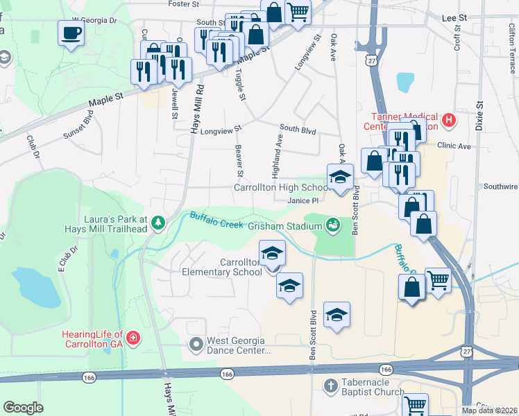 map of restaurants, bars, coffee shops, grocery stores, and more near 116 Amy Lane in Carrollton