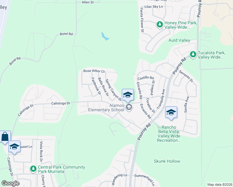 map of restaurants, bars, coffee shops, grocery stores, and more near 38160 Spring Canyon Drive in Murrieta