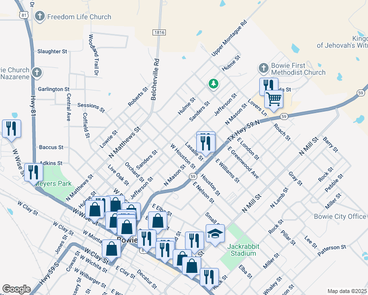 map of restaurants, bars, coffee shops, grocery stores, and more near 1007 Jefferson Street in Bowie