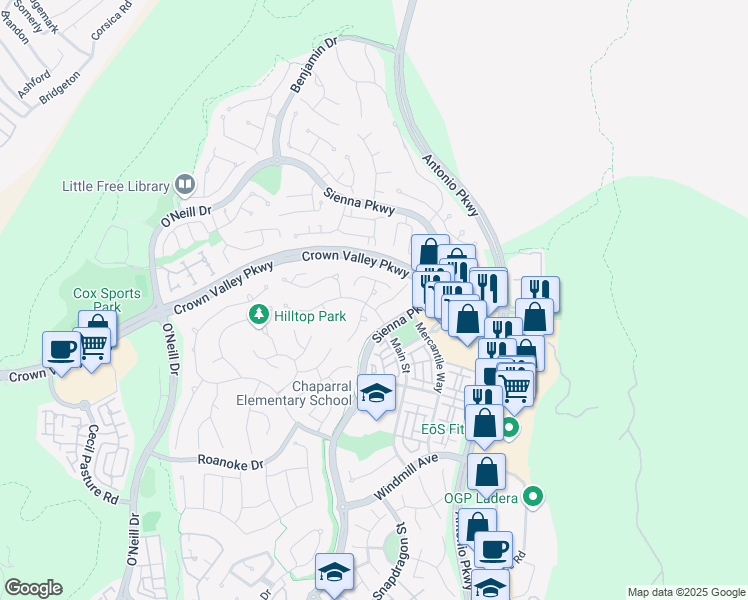 map of restaurants, bars, coffee shops, grocery stores, and more near 8 Reston Way in Ladera Ranch