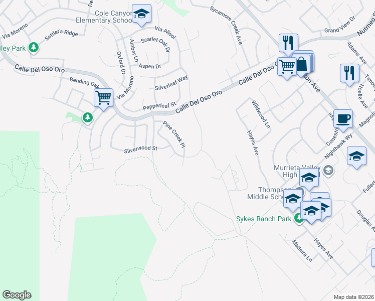 map of restaurants, bars, coffee shops, grocery stores, and more near 38252 Pine Creek Place in Murrieta
