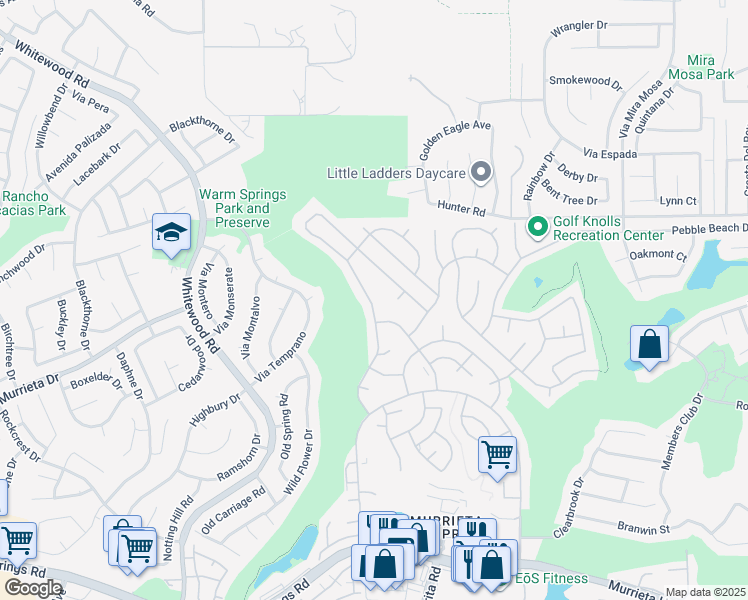 map of restaurants, bars, coffee shops, grocery stores, and more near 38218 Via La Colina in Murrieta