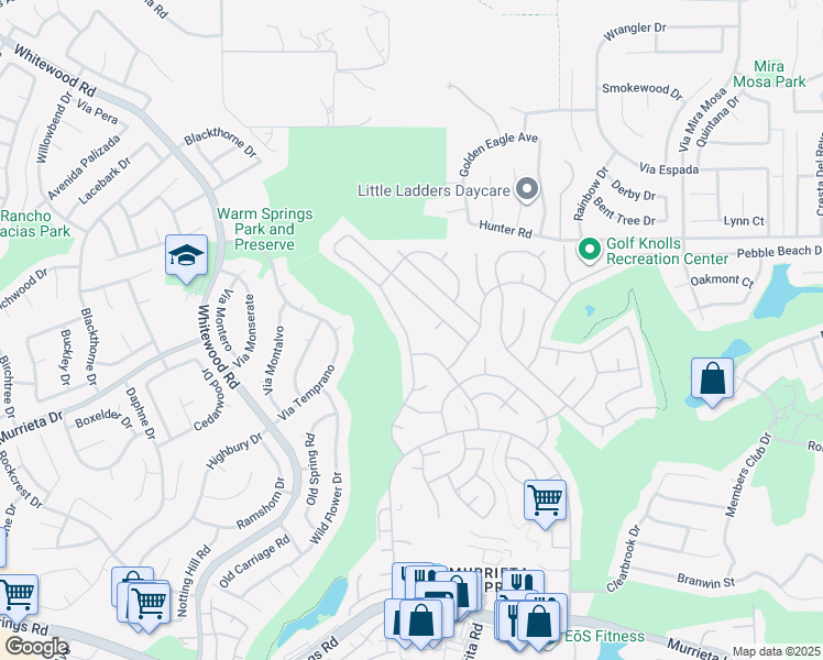 map of restaurants, bars, coffee shops, grocery stores, and more near 38218 Via La Colina in Murrieta
