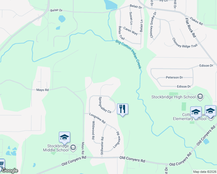 map of restaurants, bars, coffee shops, grocery stores, and more near 145 Springvalley Way in Stockbridge