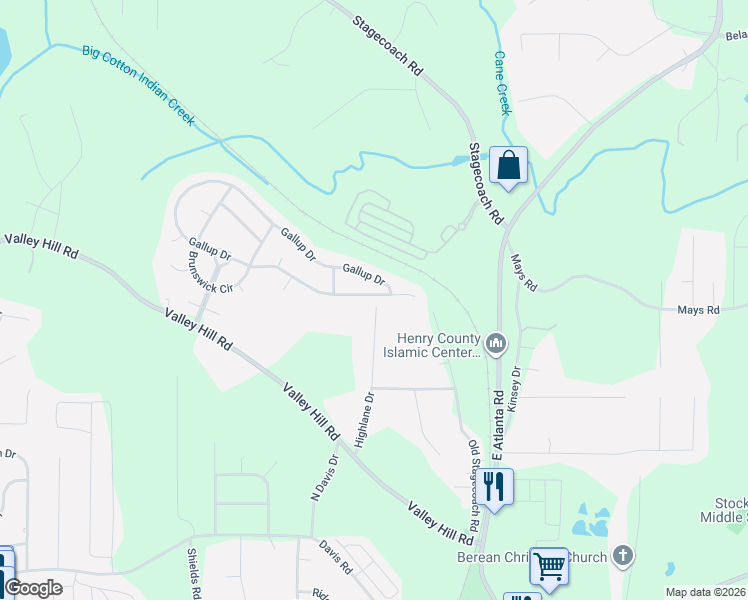 map of restaurants, bars, coffee shops, grocery stores, and more near 1488 Gallup Drive in Stockbridge
