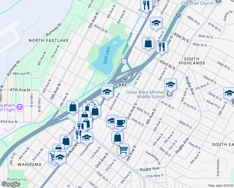 map of restaurants, bars, coffee shops, grocery stores, and more near 11 80th Street South in Birmingham