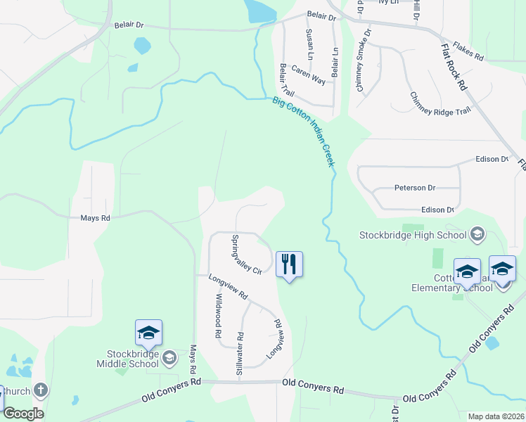 map of restaurants, bars, coffee shops, grocery stores, and more near 145 Springvalley Way in Stockbridge
